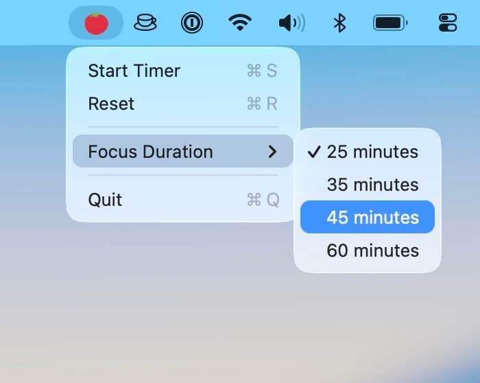 Pomodori and Caffeine menu bar apps — a tomato icon and coffee cup icon in the macOS menu bar, with the Pomodori focus duration menu open
