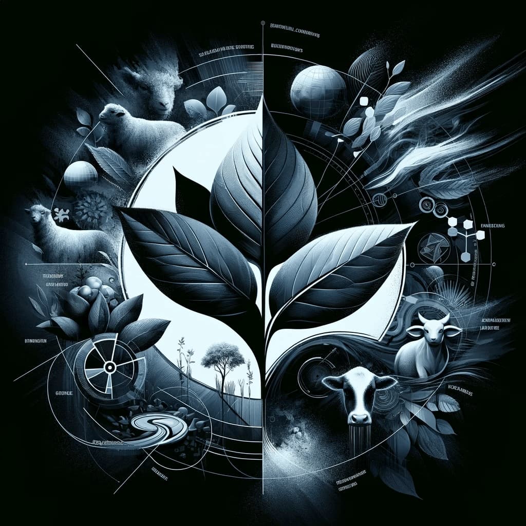 A plant leaf surrounded by a circle of animals and dairy products