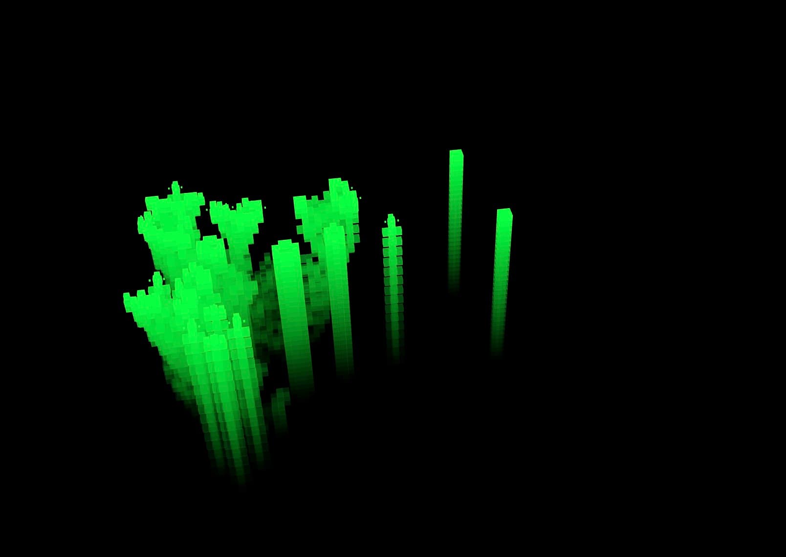 Screenshot of the Stacked Game of Life showing glowing 3D cubes