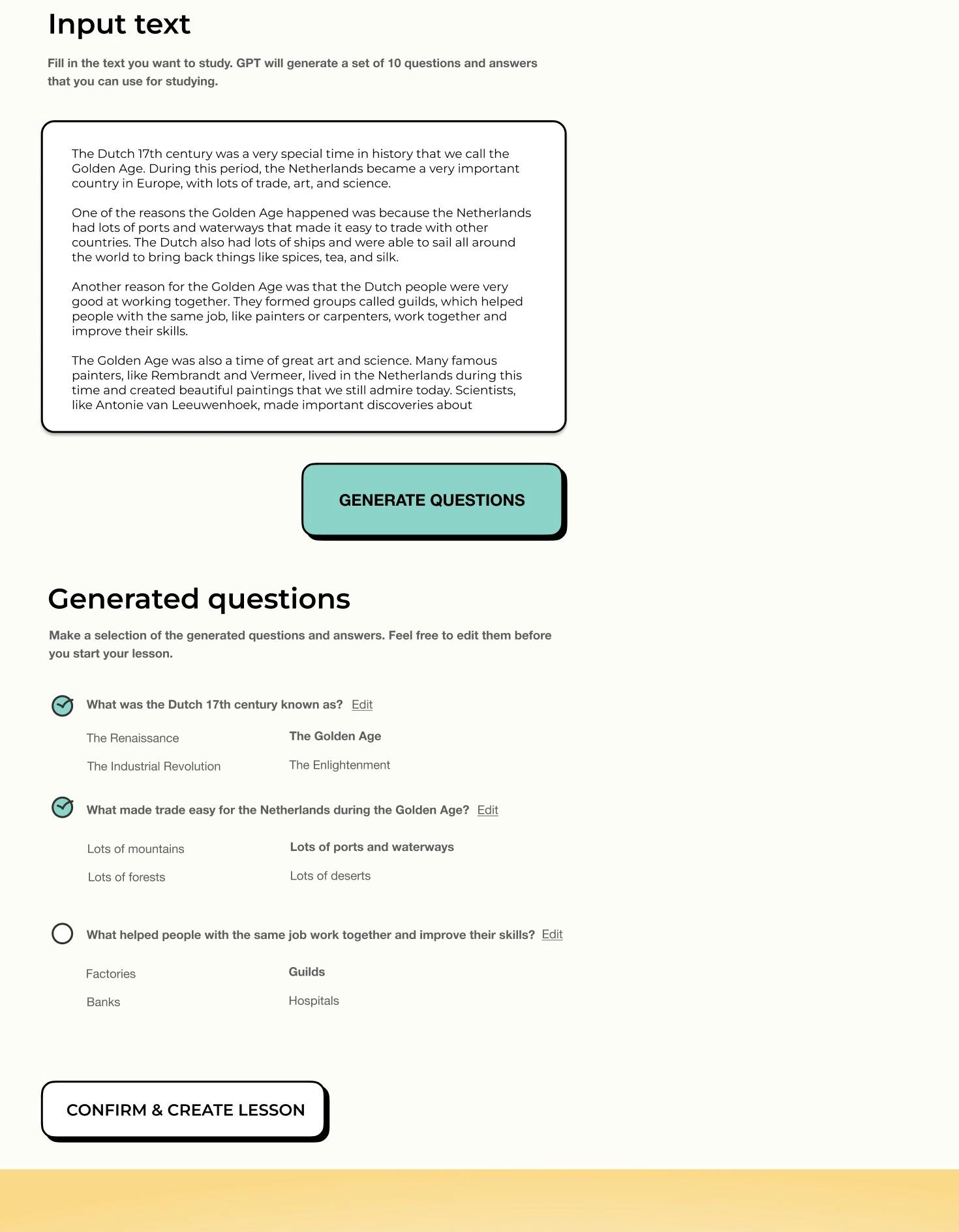 Screenshot of the app after generating questions