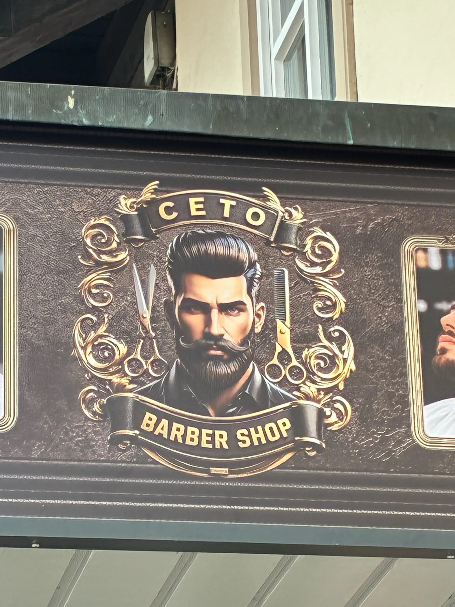 A barbershop sign with an AI-generated barber holding an impossible scissor-comb hybrid