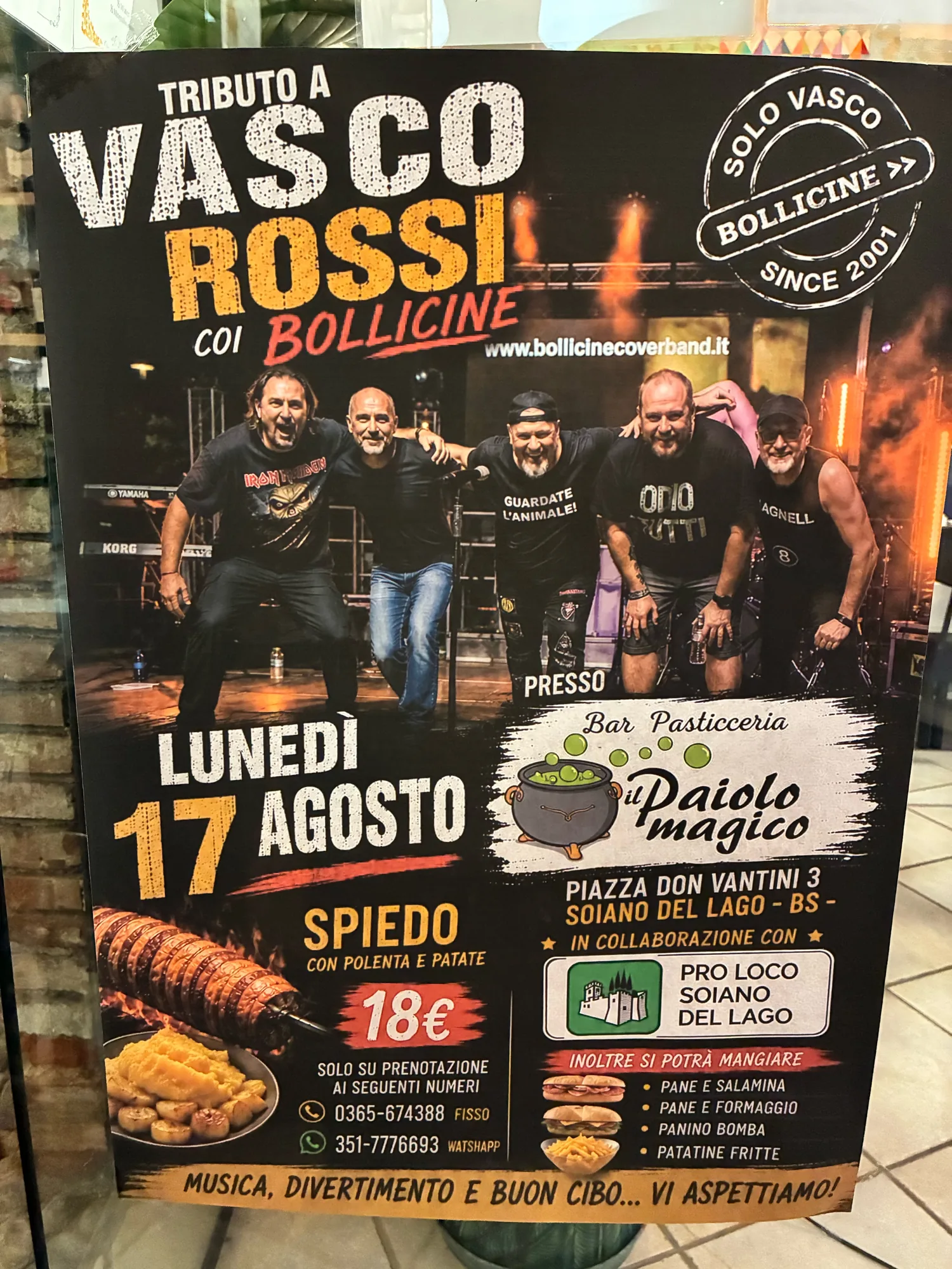 A Vasco Rossi tribute band poster with an AI-generated food skewer