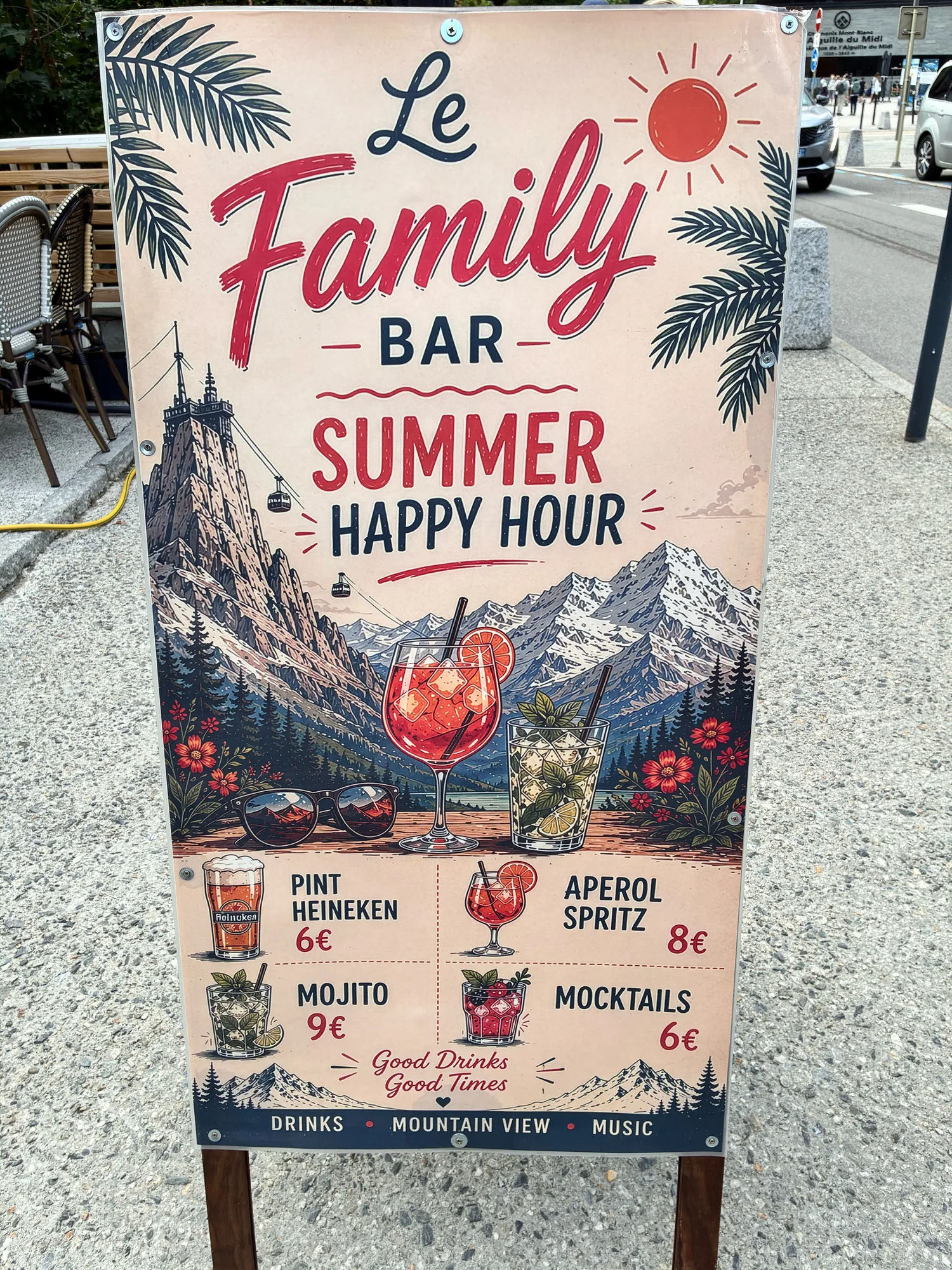 A summer happy hour sign with illustrated AI-generated drinks