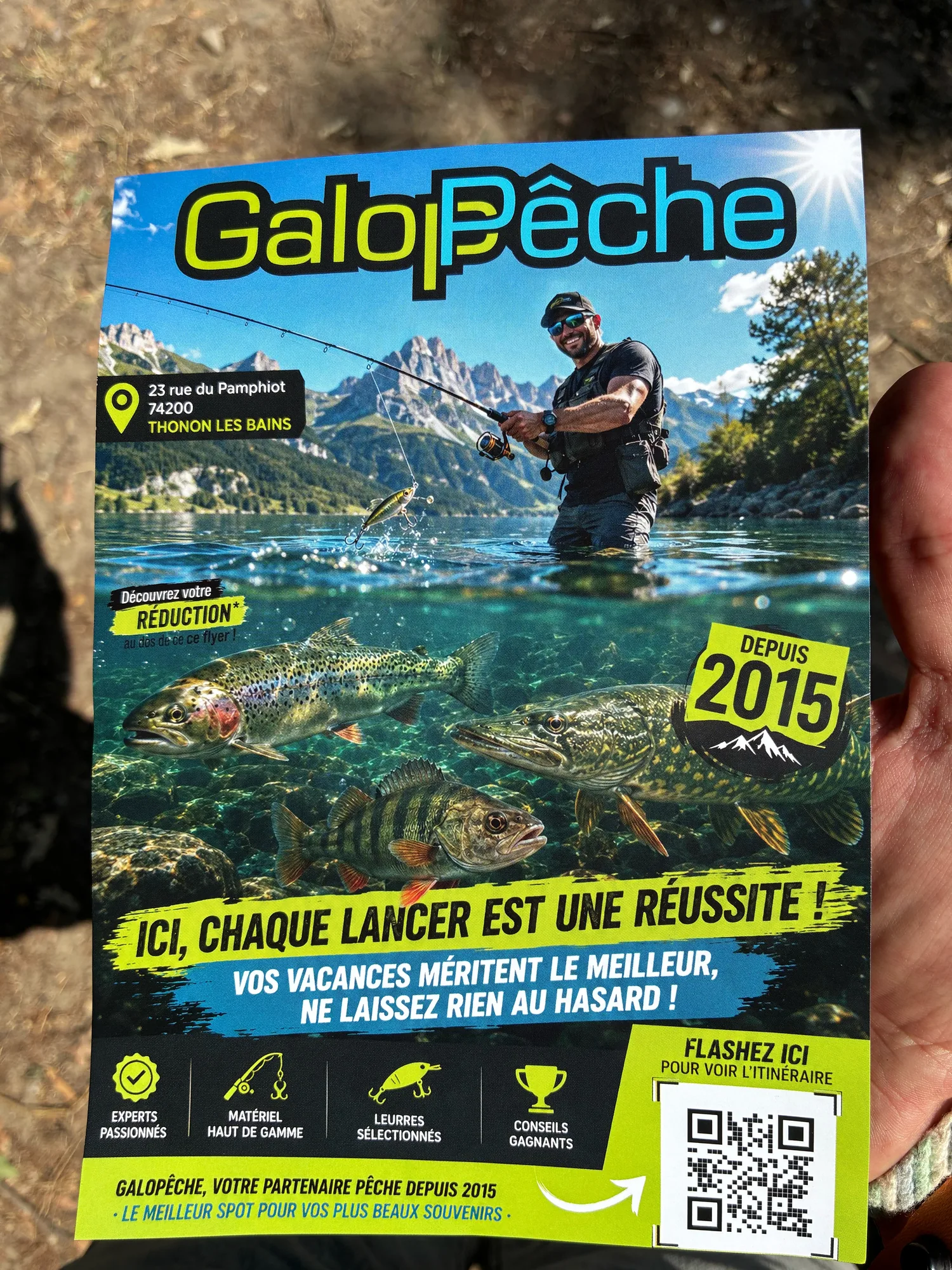 A fishing advertisement showing an AI-generated angler standing among huge fish