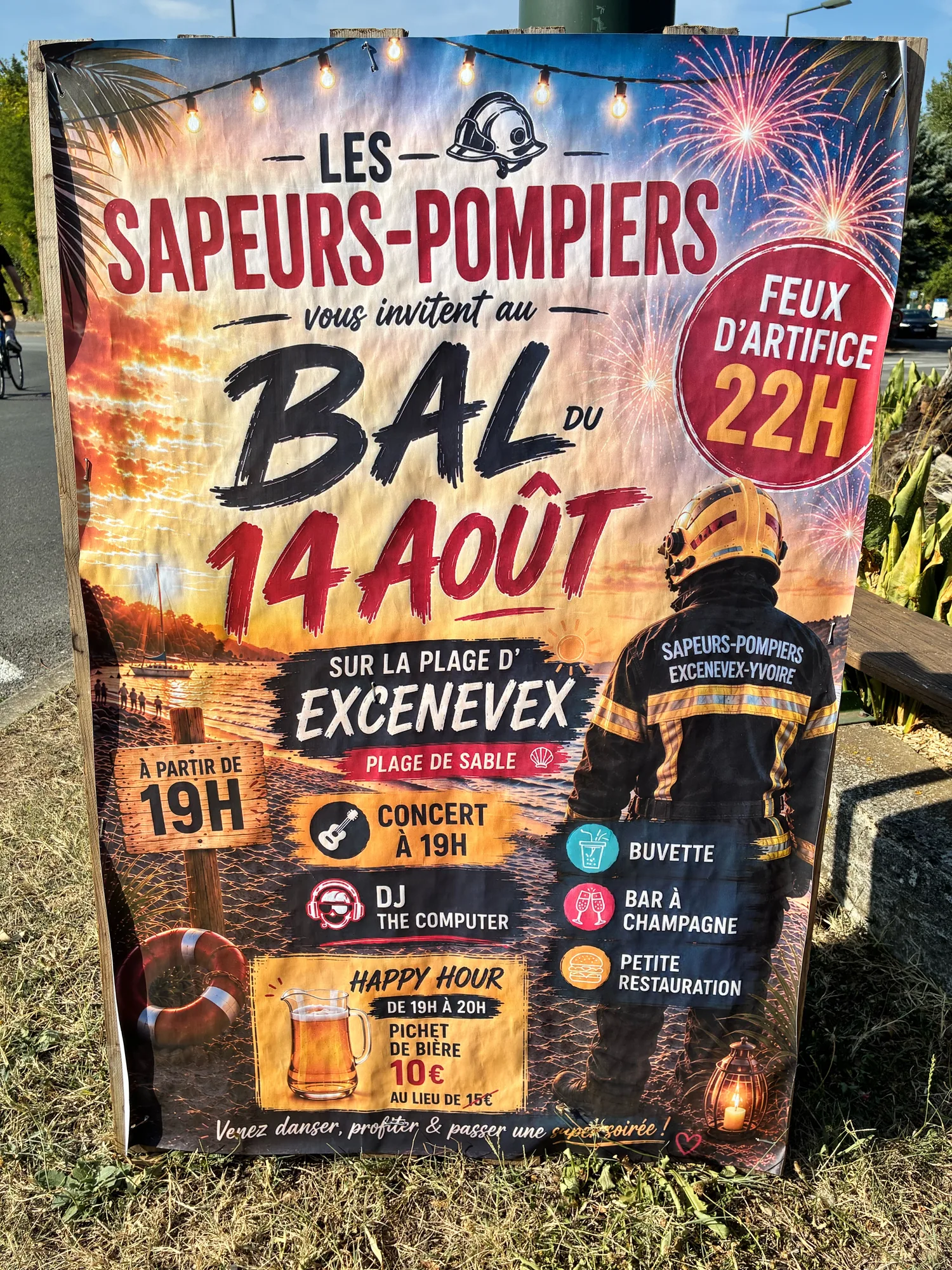 A firefighters' ball poster combining fireworks, flames and AI-generated beer