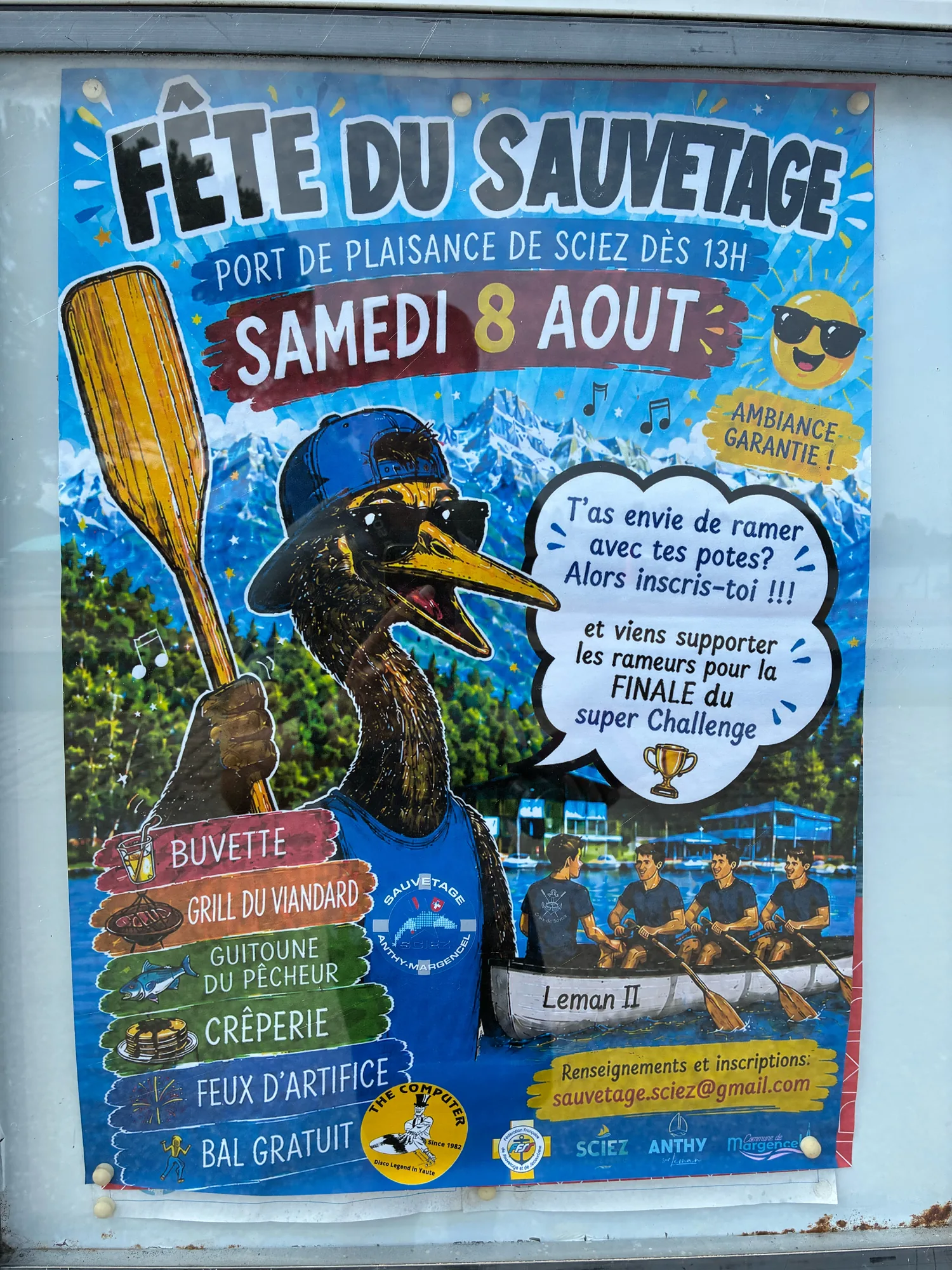 A rescue festival poster with a cartoon bird and four nearly identical rowers