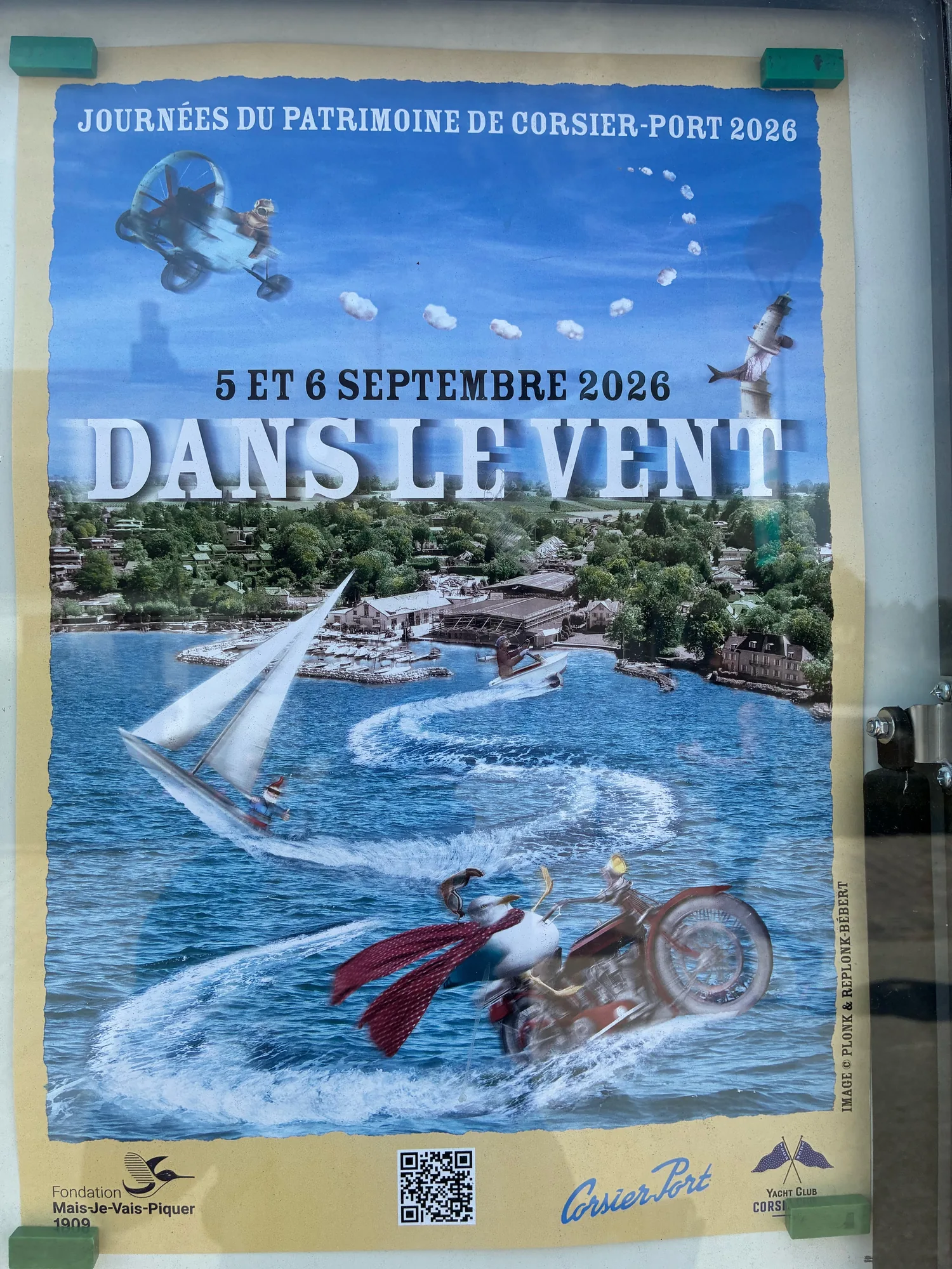 An absurdist Corsier-Port Heritage Days poster showing people and objects flying over a harbour
